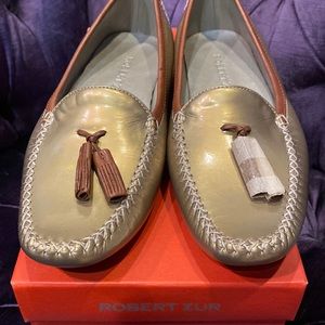 ROBERT ZUR gold dust mirror patent and luggage saddle loafers with tassels 7.5M